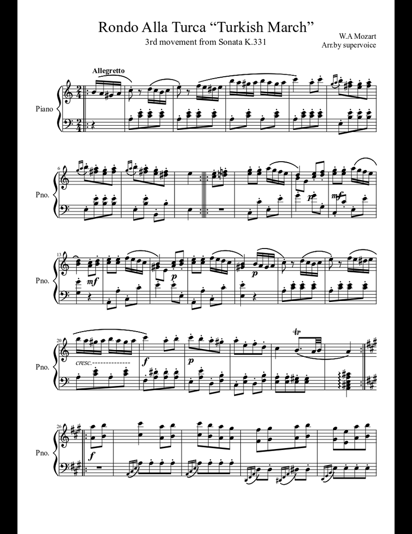 Rondo Alla Turca “Turkish March” sheet music download free in PDF or MIDI