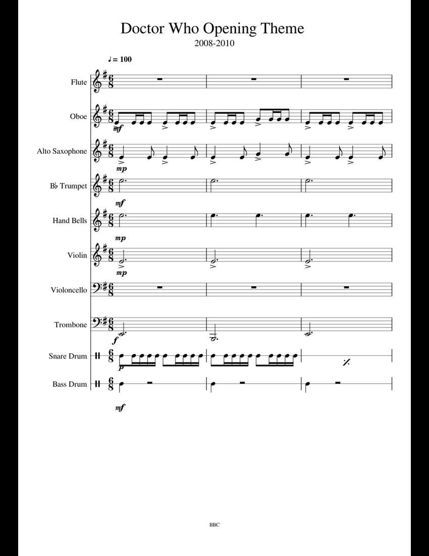 Doctor Who Opening Theme (20082010) sheet music for Flute, Violin