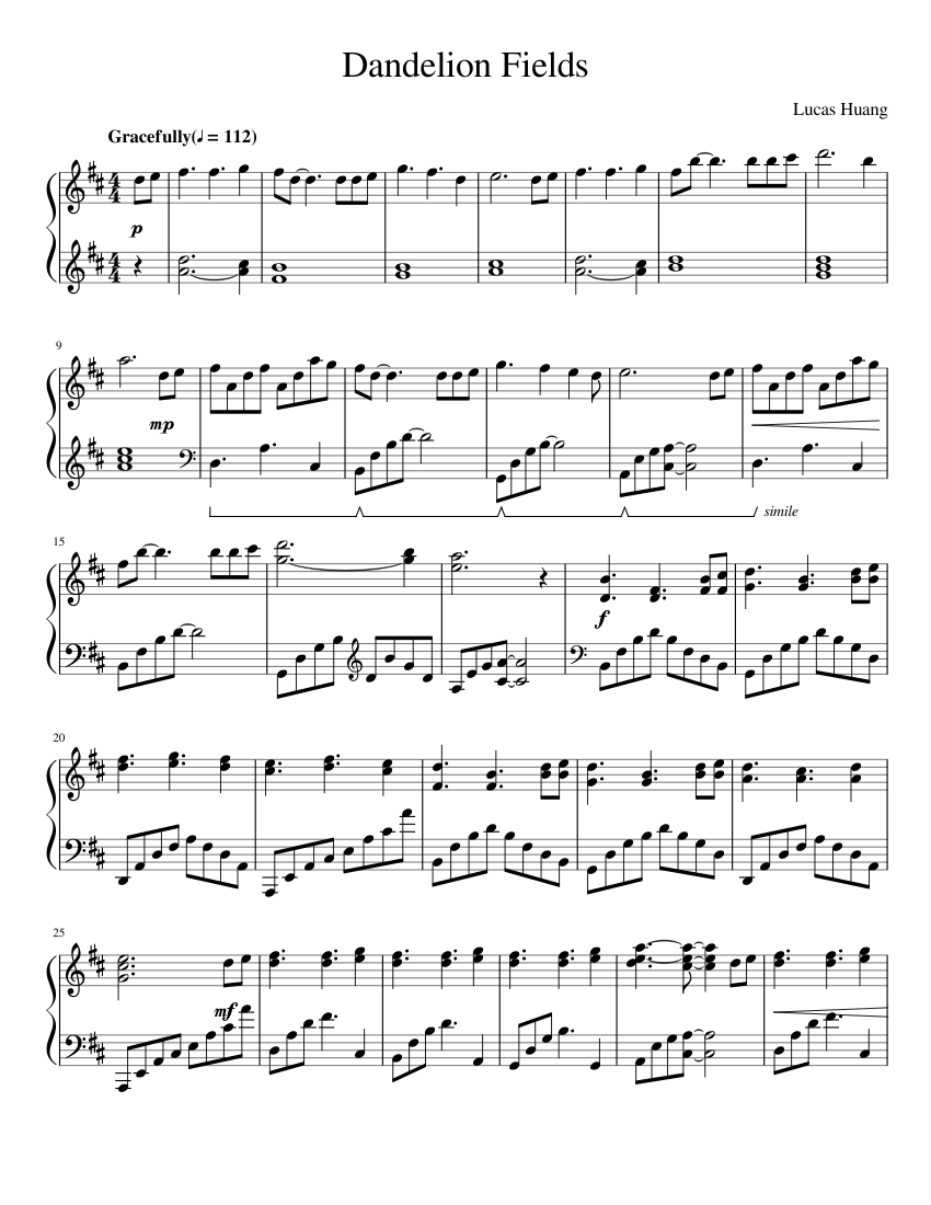 Dandelion Fieldsrelaxing Beautiful Piano Solo Sheet Music For Piano