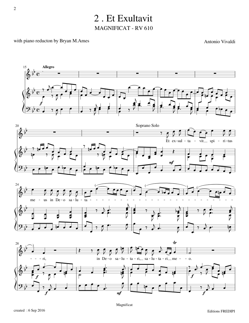Vivaldi Magnificat Rv 610 2 Et Exultavit Sheet Music For Piano