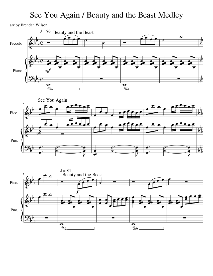 Beauty and the Beast See You Again Medley sheet music for ...