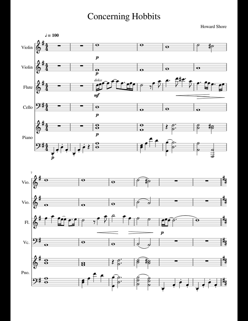 Concerning Hobbits sheet music for Violin, Flute, Piano, Cello download