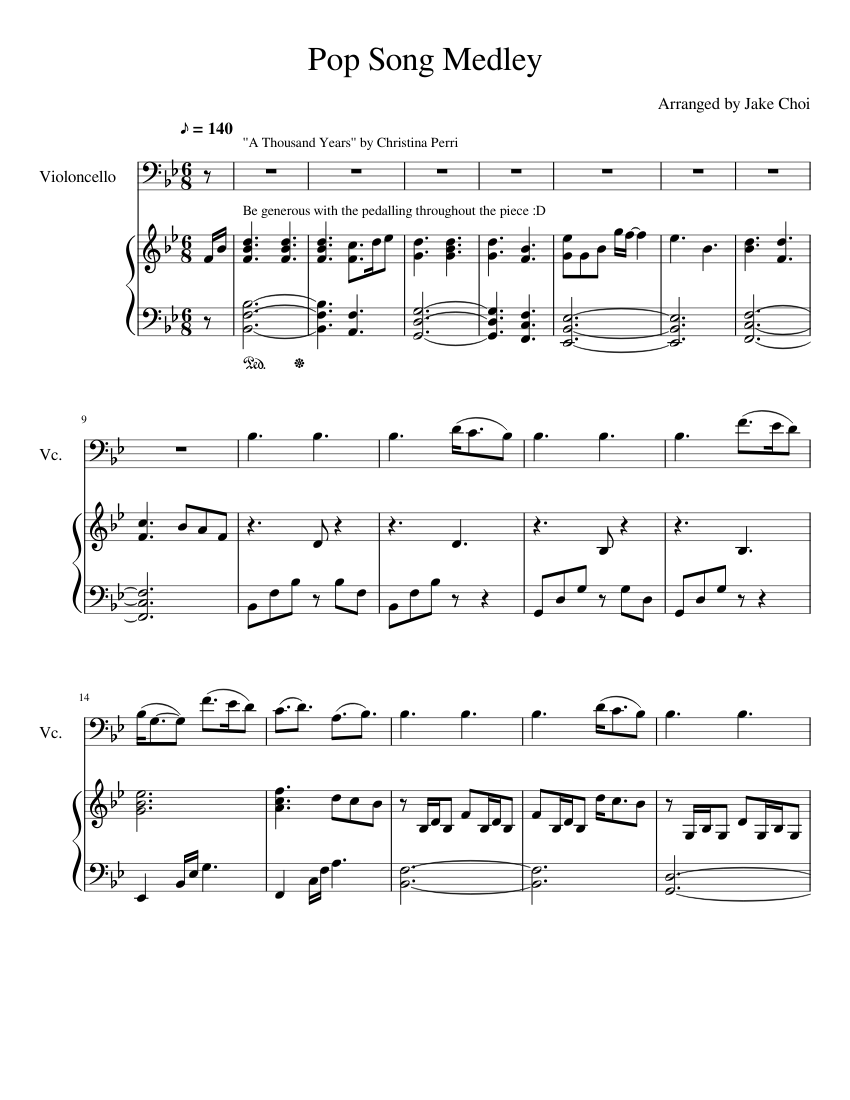 Pop Song Medley Piano Part sheet music for Piano, Cello, Voice download