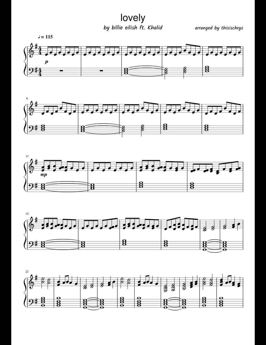 Billie Eilish - Lovely ft. Khalid sheet music for Piano download free