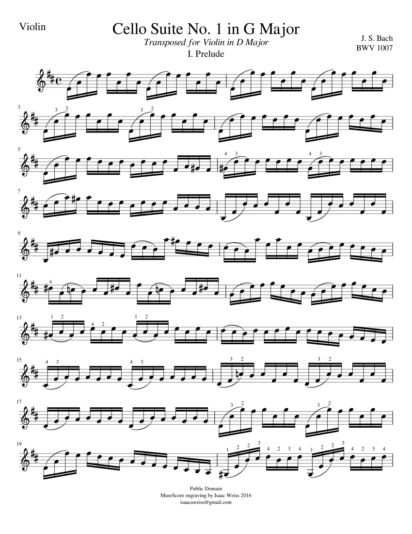 Bach Cello Suite No. 1 in G Major BWV 1007: Prelude (for Violin) sheet