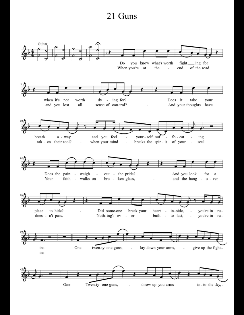 21 Guns Vocals sheet music download free in PDF or MIDI