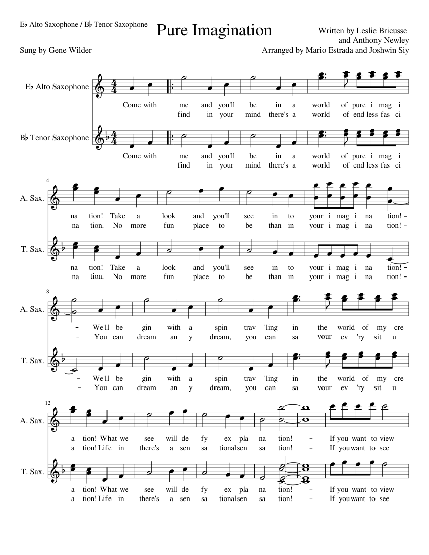 Pure Imagination Duet for Alto Saxophone and Tenor Saxophone sheet music for Alto Saxophone