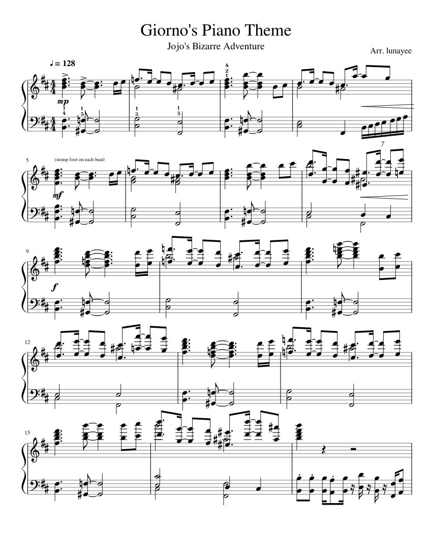 Jojo's Bizarre Adventure - Giorno's Piano Theme sheet music for Piano