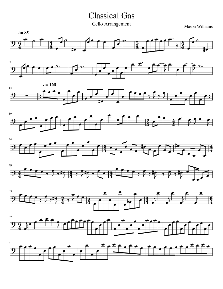 Classical Gas Cello Arrangement Sheet music for Cello (Solo