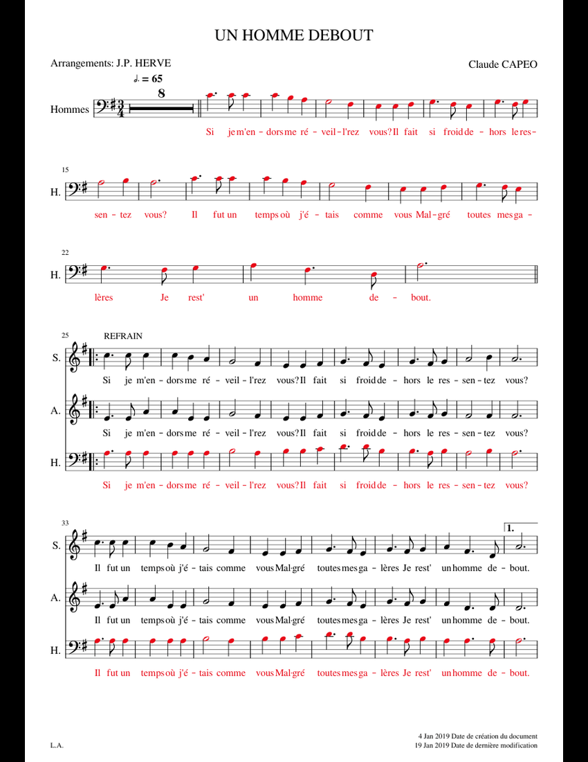 UN HOMME DEBOUT T/B sheet music for Piano, Synthesizer download free in