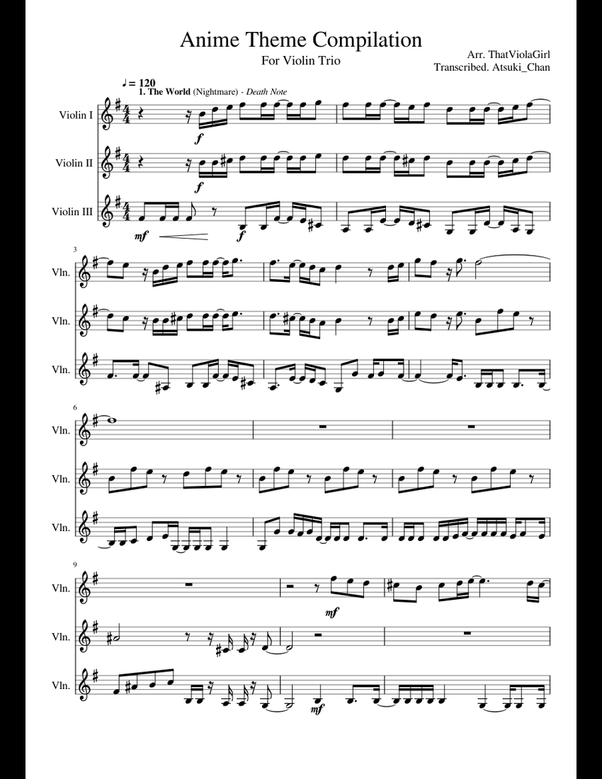 Anime Theme Compilation_for Violin trio sheet music for Violin download