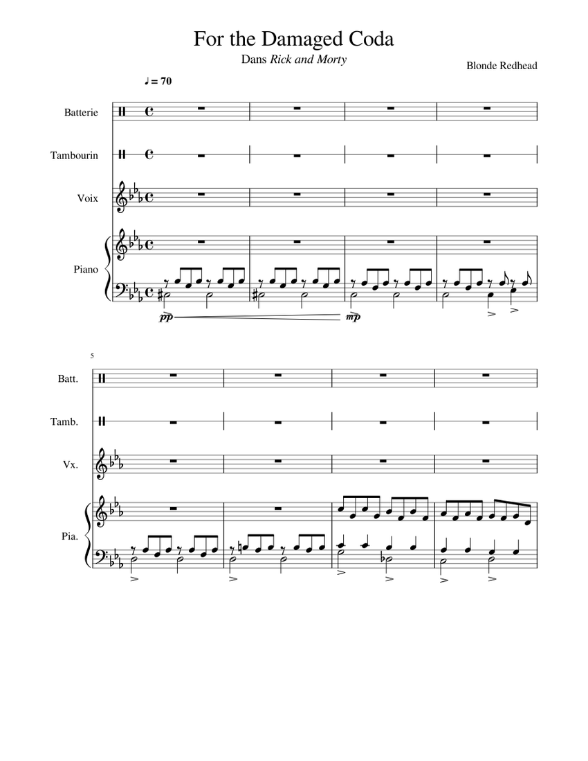 For the Damaged Coda Sheet music for Piano, Percussion, Voice