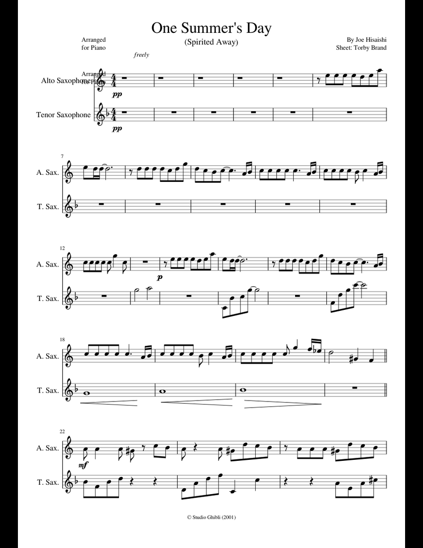 One Summer's Day sheet music for Alto Saxophone, Tenor Saxophone