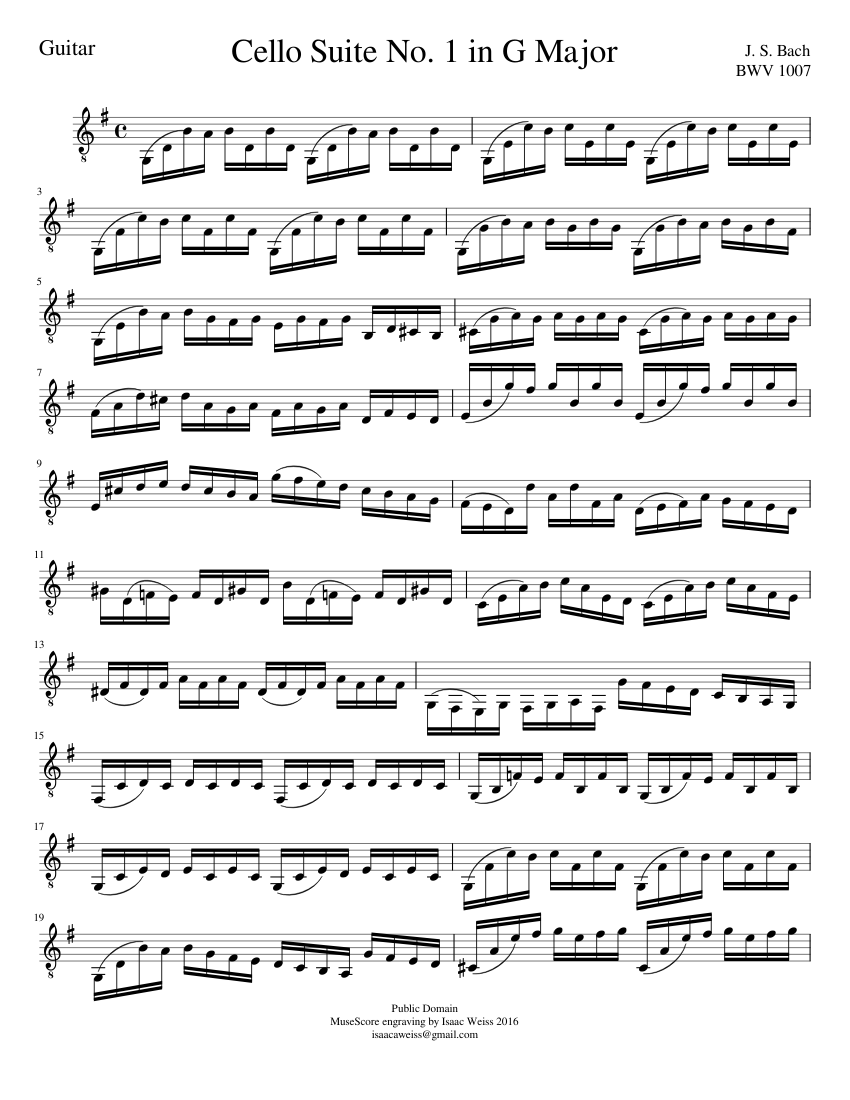 Bach Cello Suite No. 1 in G Major For Guitar Sheet music for Guitar