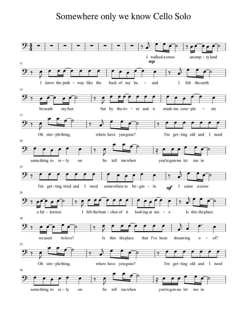 Somewhere only we know Cello C Dur Sheet music for Piano | Download