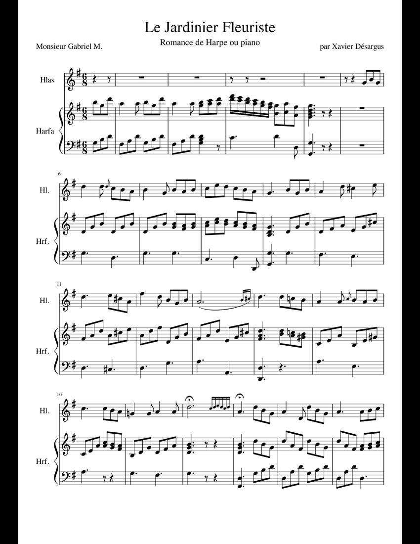 Le Jardinier Fleuriste sheet music for Voice, Harp download free in PDF ...