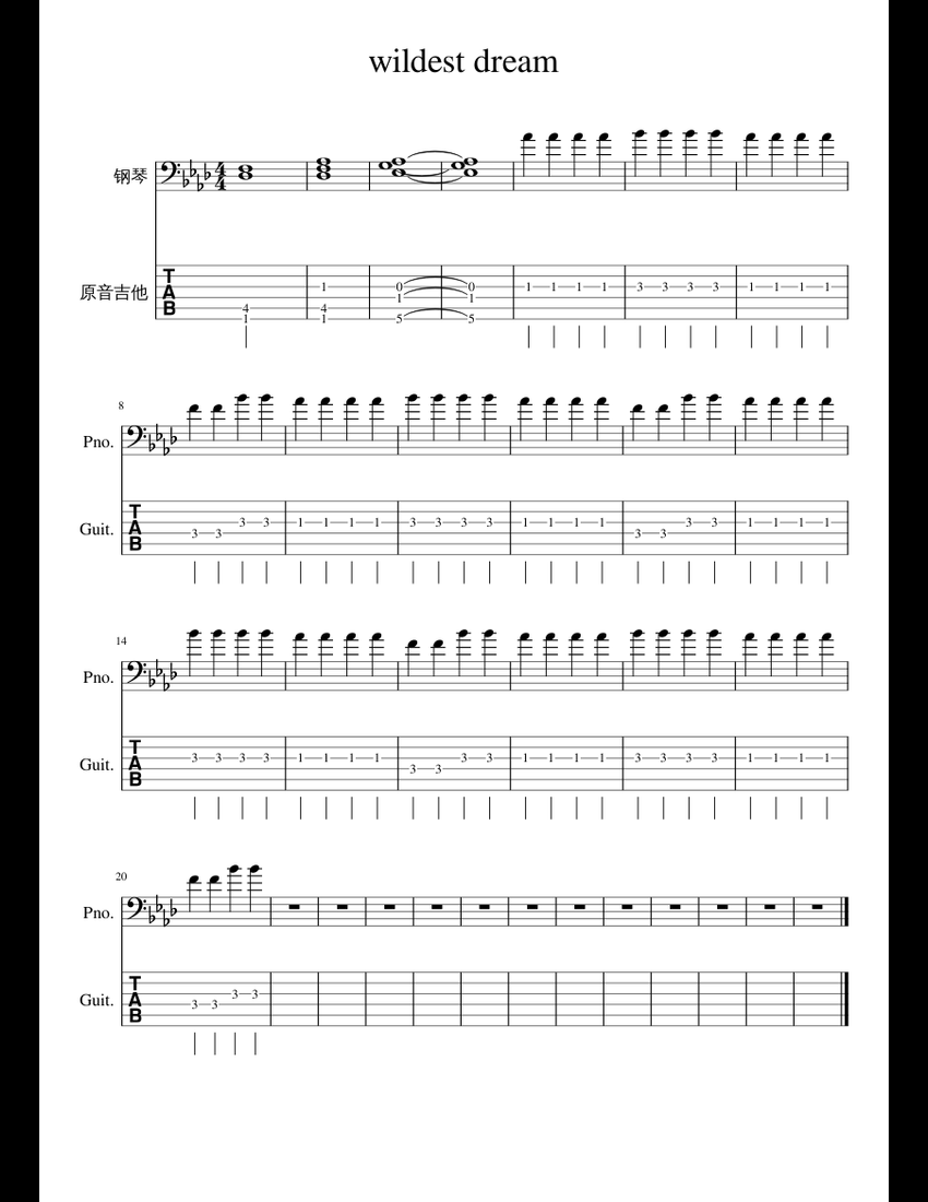 wildest dream guitar tab + notation sheet music for Piano, Guitar
