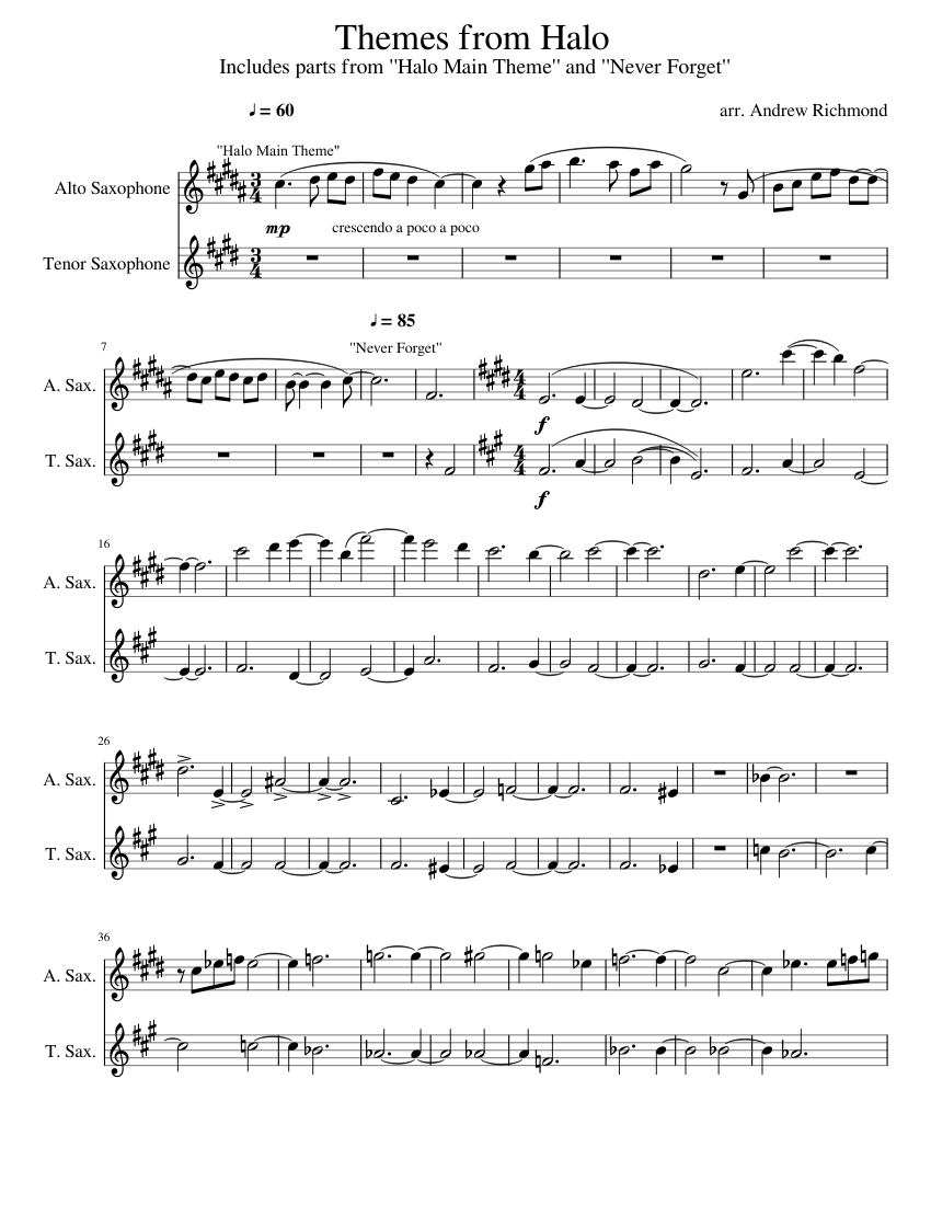 Themes from Halo sheet music for Alto Saxophone, Tenor Saxophone