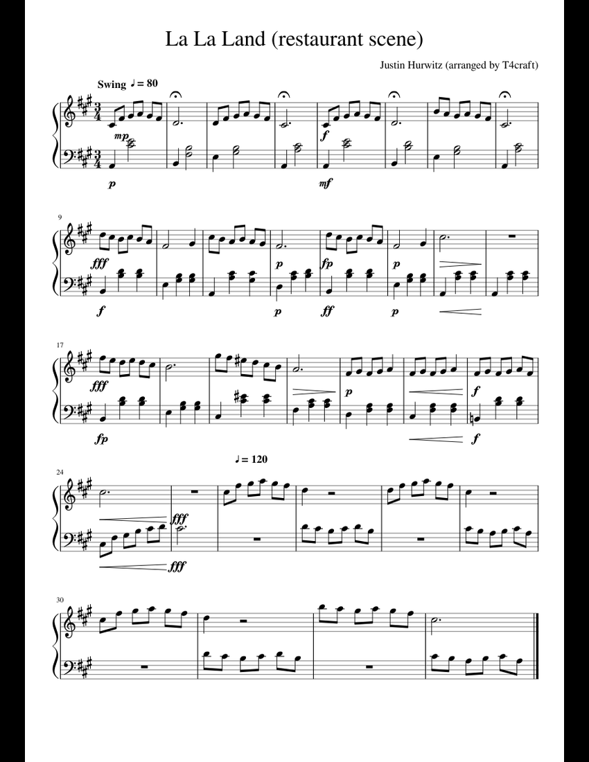 La La Land restaurant scene sheet music for Piano download free in PDF