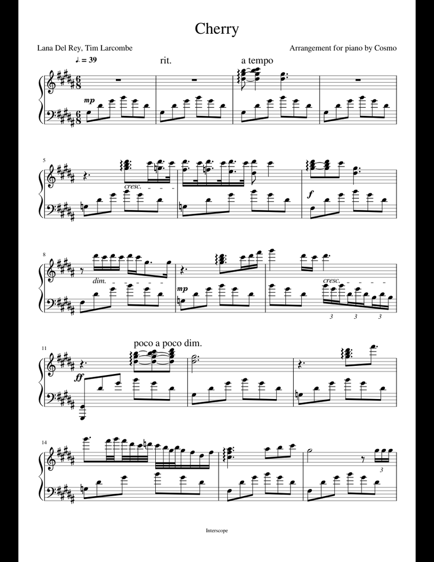 Lana Del Rey - Cherry (Piano) sheet music for Piano download free in