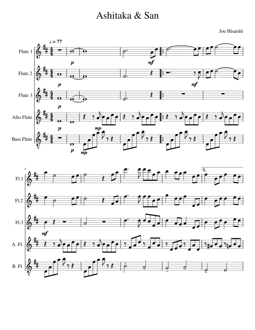 Ashitaka & San - Flute Choir sheet music for Flute download free in PDF