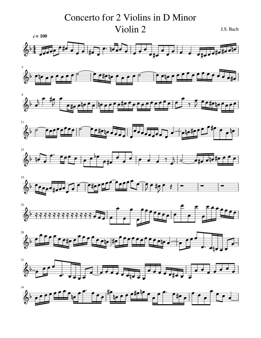 Concerto for 2 Violins in D Minor Violin 2 Sheet music for Violin (Solo ...