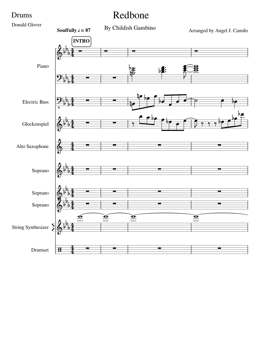 Redbone sheet music for Piano, Bass, Percussion, Alto Saxophone