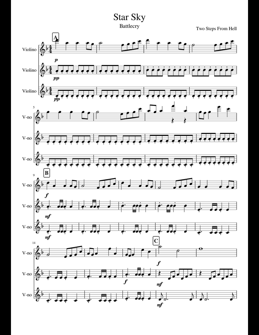 Two steps from hell star sky sheet music for violin bass percussion