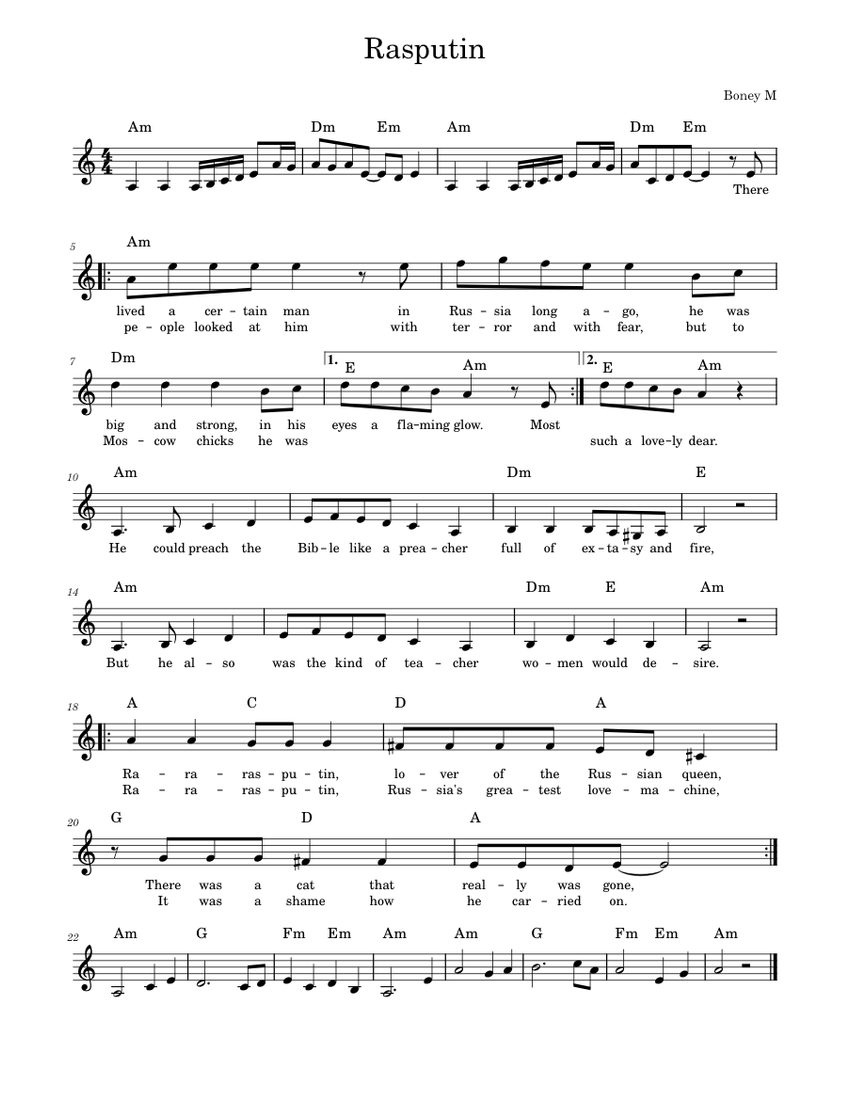 Rasputin sheet music for Piano download free in PDF or MIDI
