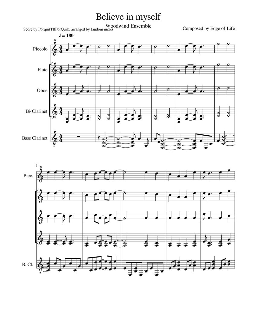 Believe In Myself Fairy Tail Sheet Music For Flute Clarinet In B Flat Oboe Clarinet Bass More Instruments Mixed Quintet Musescore Com