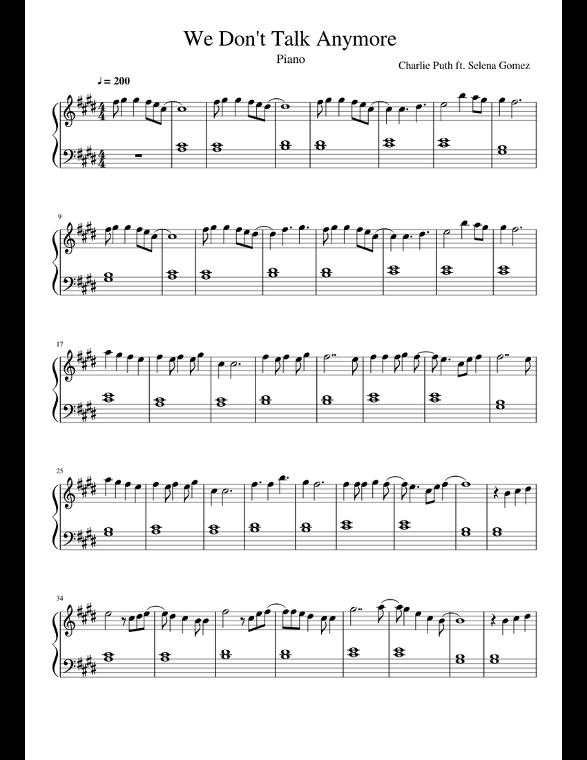 We Don't Talk Anymore sheet music for Piano download free in PDF or MIDI