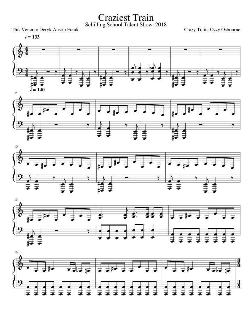 Crazy Train - Ozzy Osborne Complete Transcription sheet music for Piano