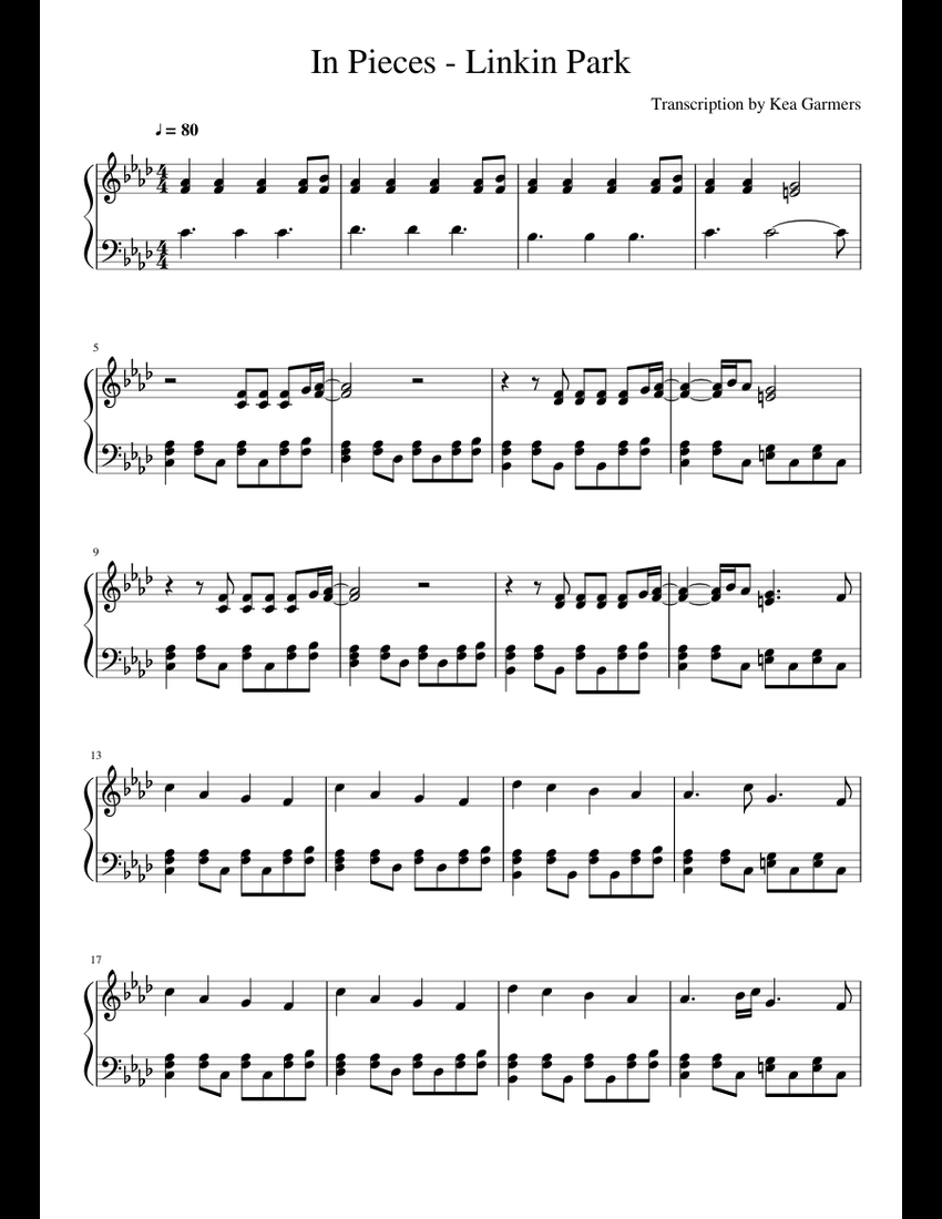 Inc. Song Note In Pieces - Linkin Park sheet music for Piano download free in PDF or MIDI