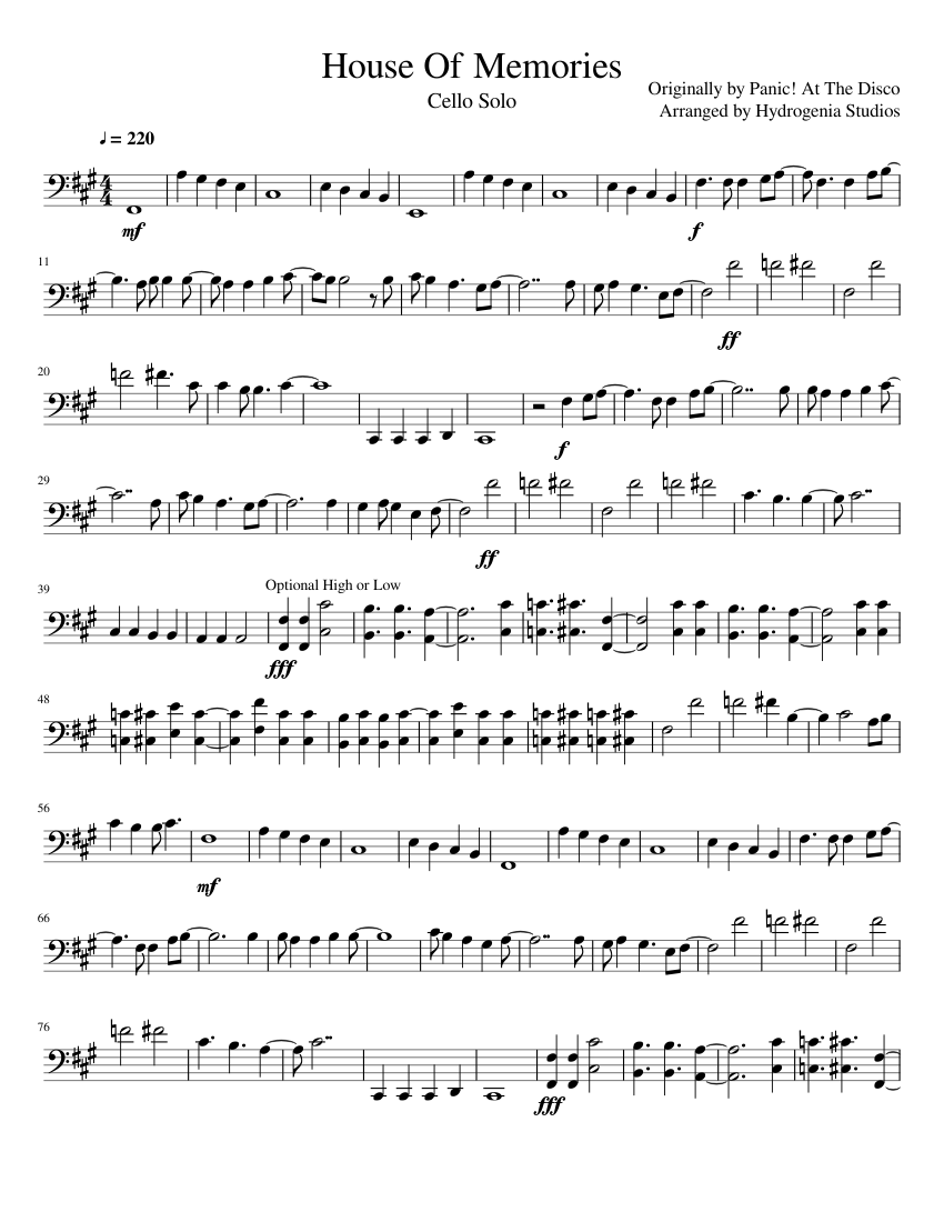 House of Memories- Panic! At The Disco- Cello Solo Sheet music for