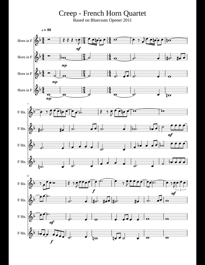 Creep French Horn Quartet sheet music for French Horn download free