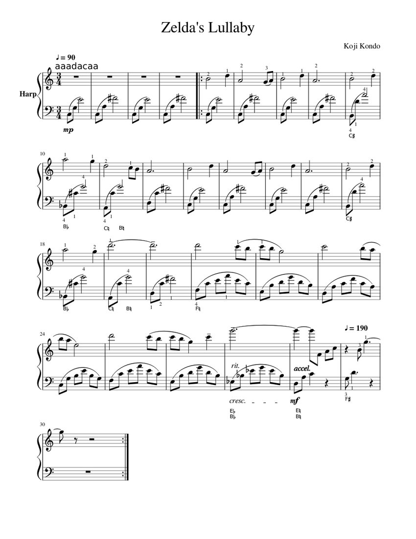 Zelda's Lullaby for Harp Sheet music for Piano Download free in PDF