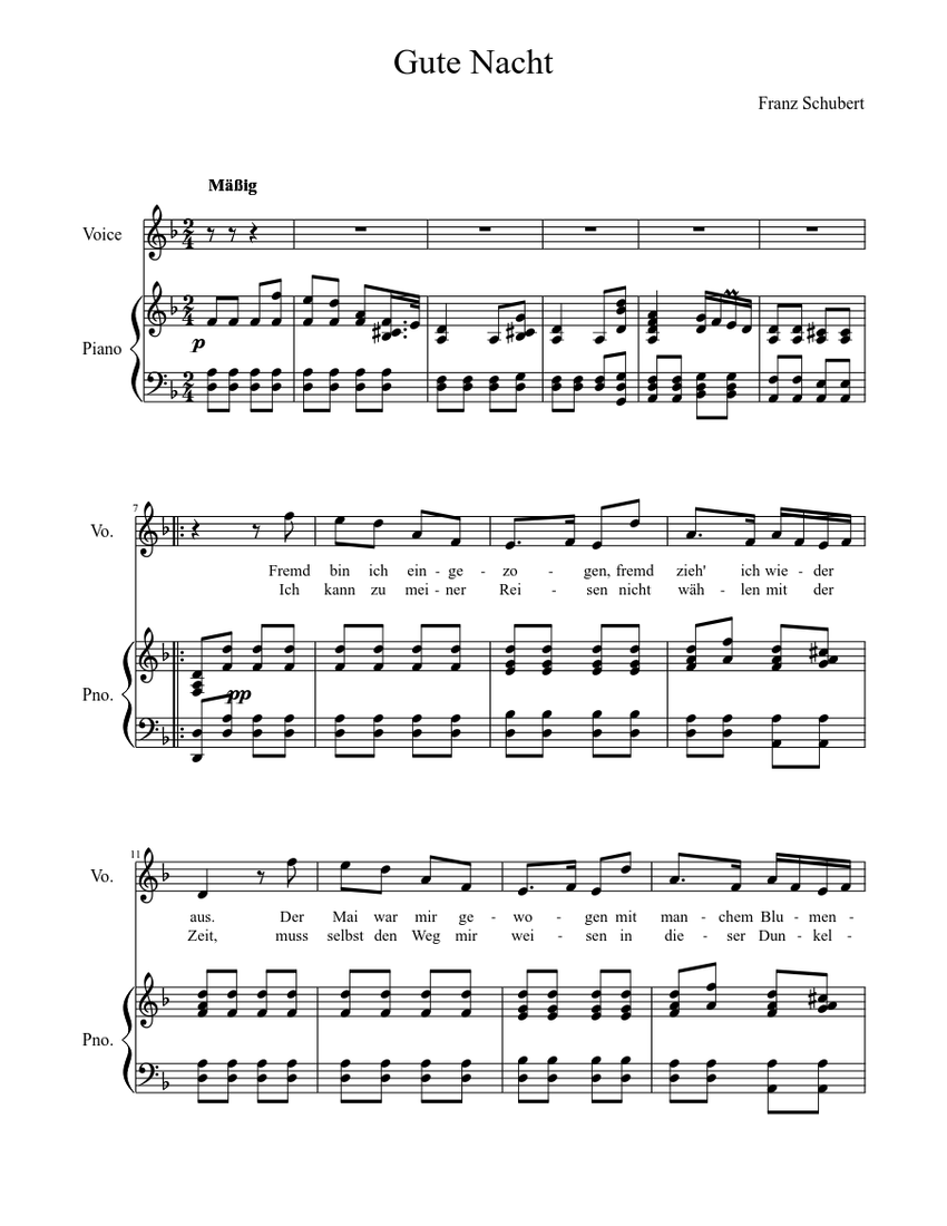 Gute Nacht Sheet Music For Piano Voice Download Free In Pdf Or Midi