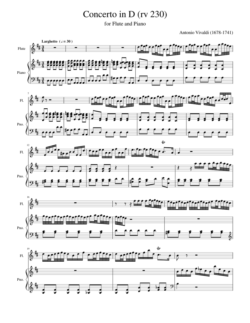 Vivaldi Concerto in D (rv 230), for Flute and Piano sheet music for