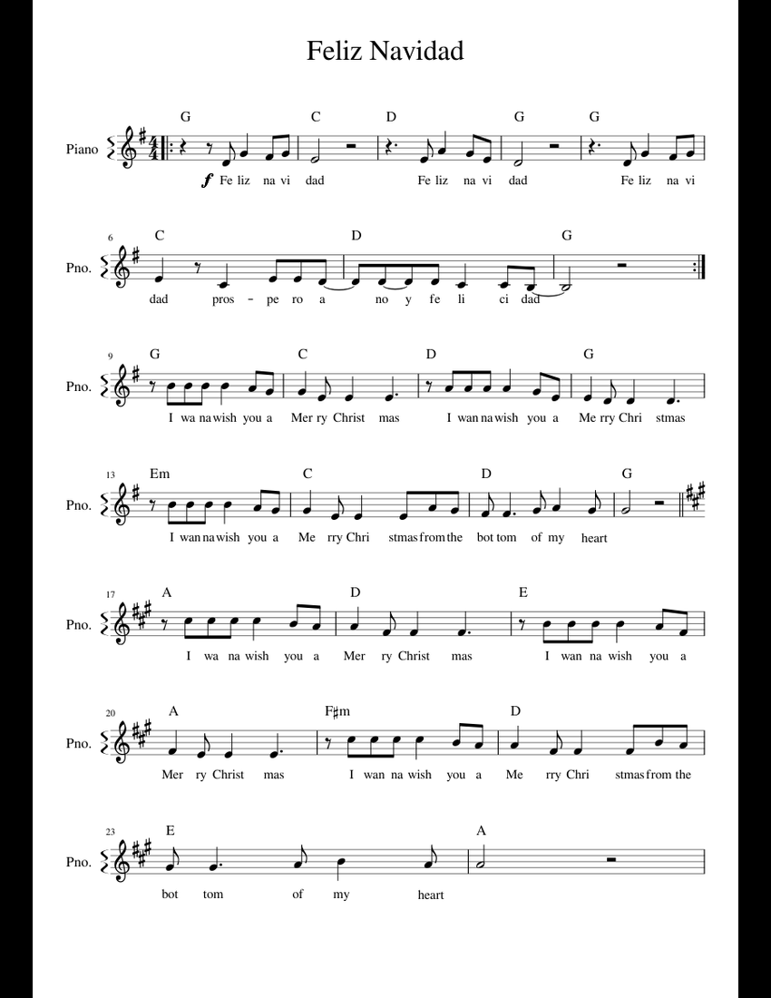 Feliz Navidad Vocals sheet music for Piano, Flute, Trumpet download