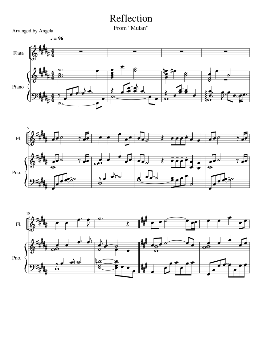 Reflection - Mulan sheet music for Flute, Piano download free in PDF or