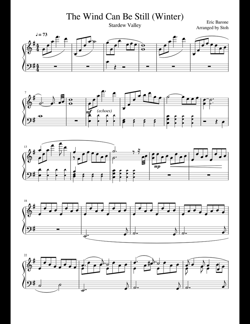 Stardew Valley - The Wind Can Be Still (Winter) sheet music for Piano