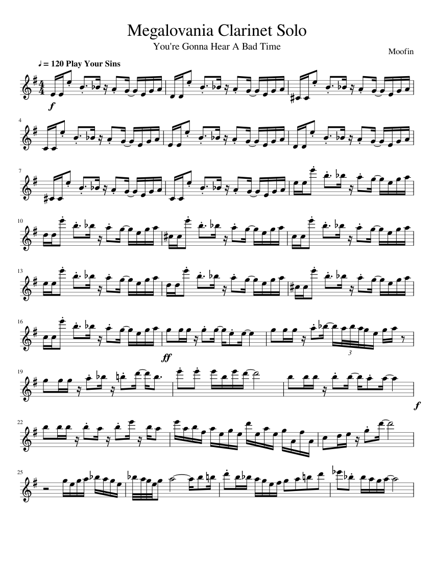 Megalovania Clarinet Solo Sheet Music For Clarinet Download Free