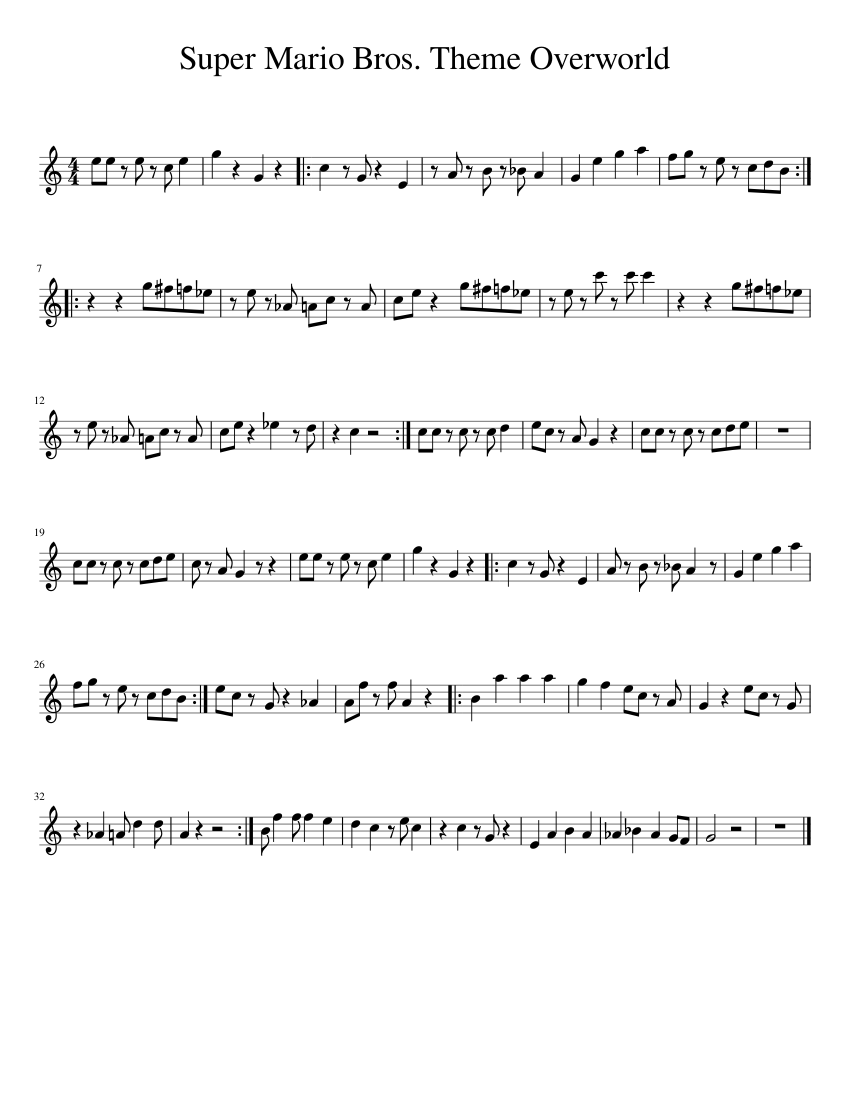 Super Mario Bros. Theme Overworld sheet music for Piano download free ...