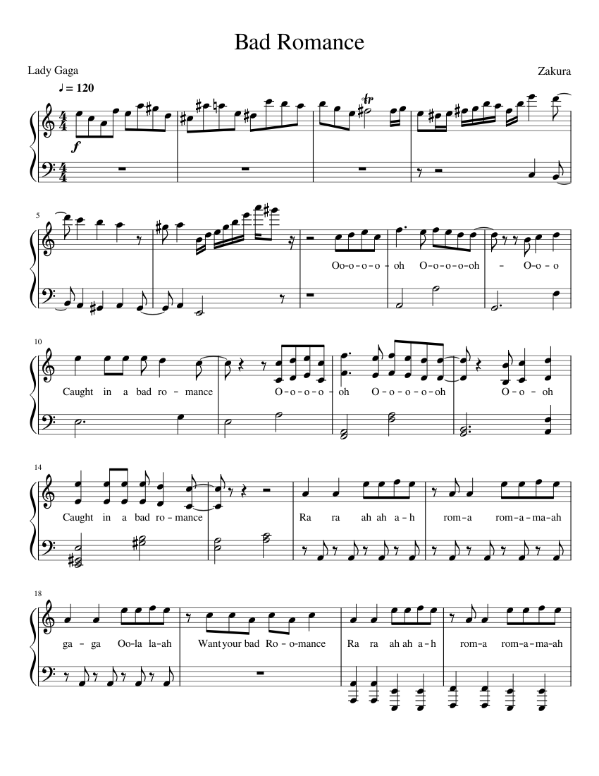 Lady Gaga Bad Romance Sheet Music For Piano Download Free In Pdf Or Midi 9849