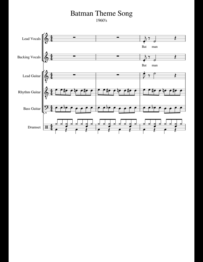 Batman Theme Song sheet music for Voice, Guitar, Bass, Percussion