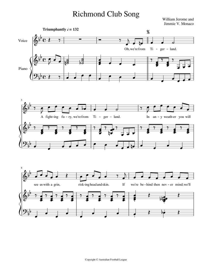 Richmond Football Club Song Sheet Music For Piano Vocals Piano Voice Musescore Com