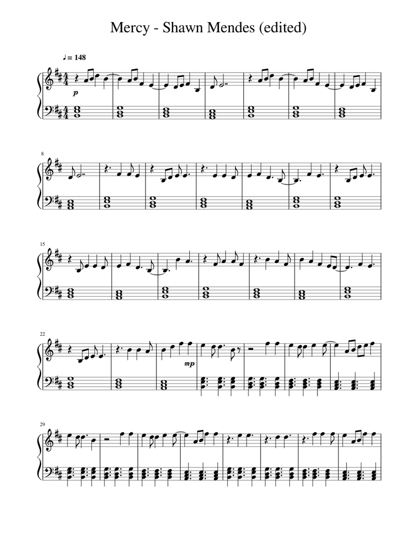 Mercy Shawn Mendes (edited) Sheet music for Piano (Solo)