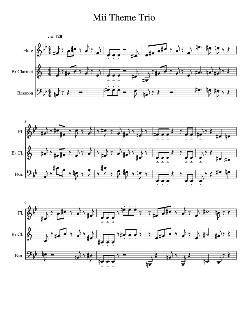 Mii Channel Theme for Woodwind Trio sheet music for Flute, Bassoon download free in
