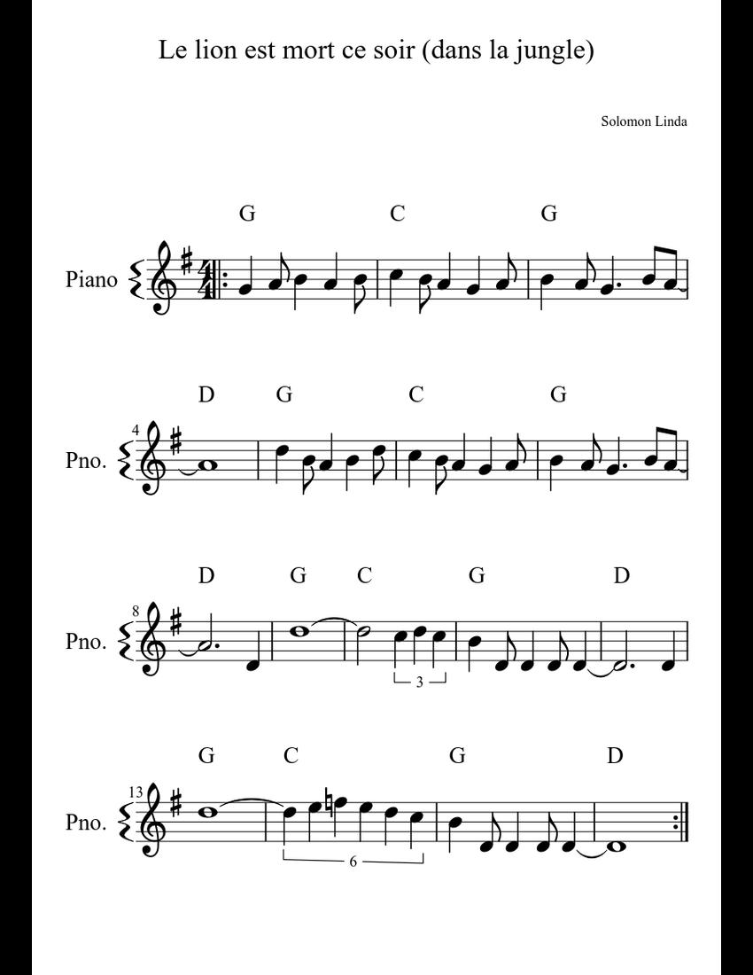 Le lion est mort ce soir sheet music for Piano download free in PDF or MIDI - Parole Du Lion Est Mort Ce Soir
