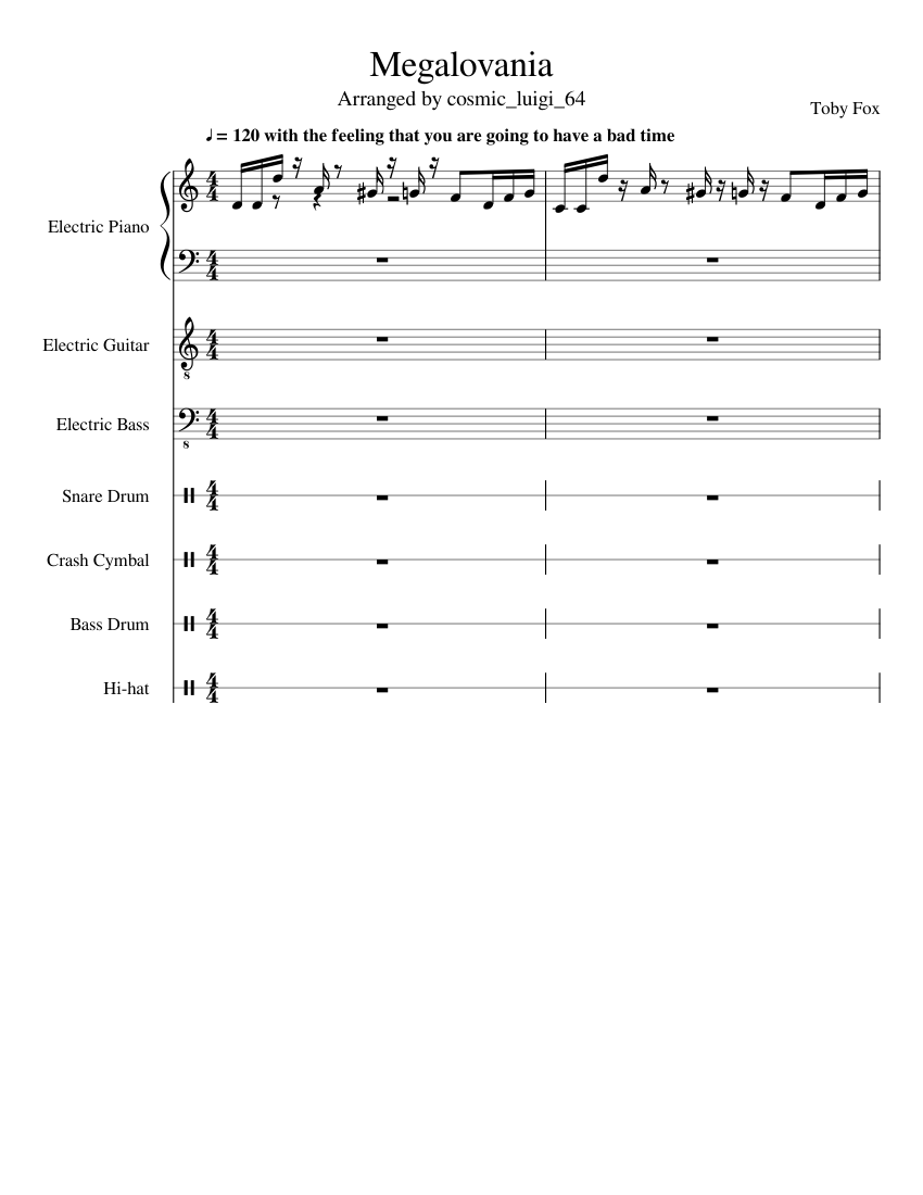Megalovania Sheet Music For Synthesizer Guitar Bass Percussion